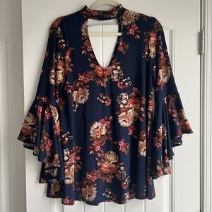 MTS Dark Blue Floral Blouse with Flared Sleeves